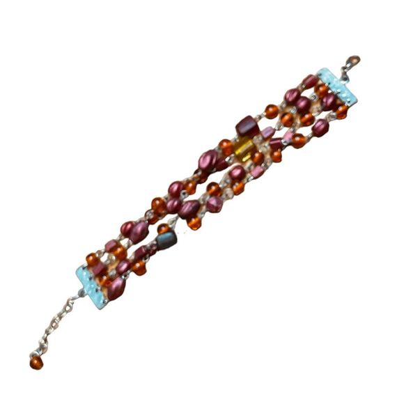 Vintage 80s Beaded Bracelet Red Silver Tone Metal Chain Link Glass - Picture 4 of 5